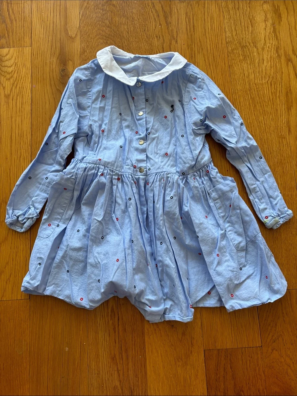 Jacadi Light Blue Long-Sleeve Dress with White Peter Pan Collar and Polka Dots